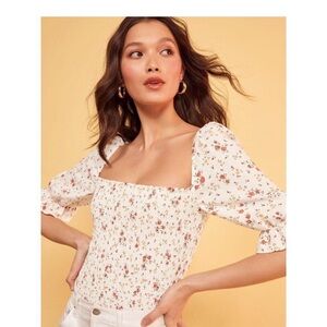 Reformation Clementine Ruched Cream Floral Smocked Top 100% Linen Size XS